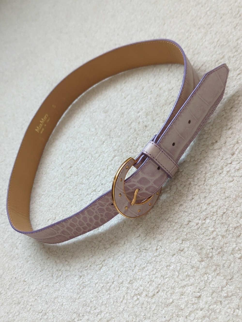 MaxMara Lilac Croc-Embossed Leather Belt with Gold Horseshoe Buckle